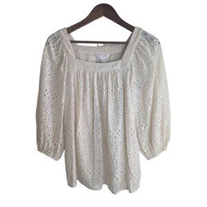 Lauren Conrad Off-white Crochet Cottagecore Boho Peasant Top Square Neckline szS